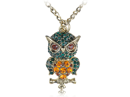 Colorful Green Body Angry Loud Bird Owl Pendant Necklace