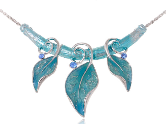 Turquoise Color Painted Enamel Vine Leaf Gypsy Blue Gems Pendant Necklace