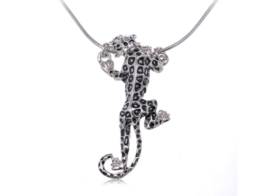 Silver Color Collared Black Spotted Jungle Leopard Pendant Necklace