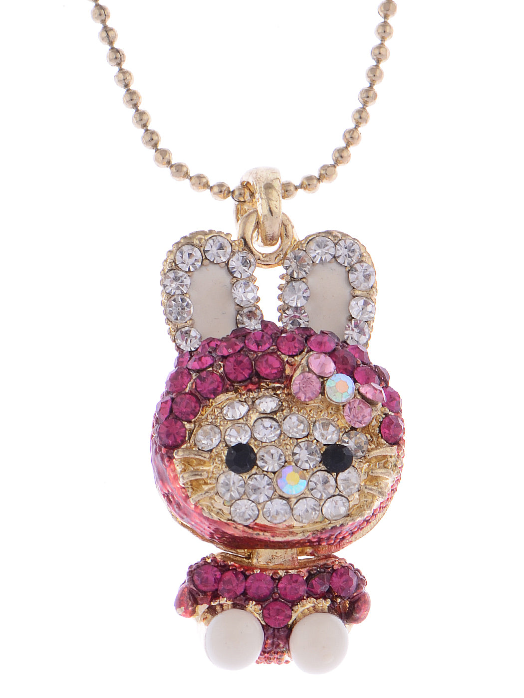 Hot Pink Bunny Girl Hooded Cat Kitty Face Rabbit Pendant Necklace