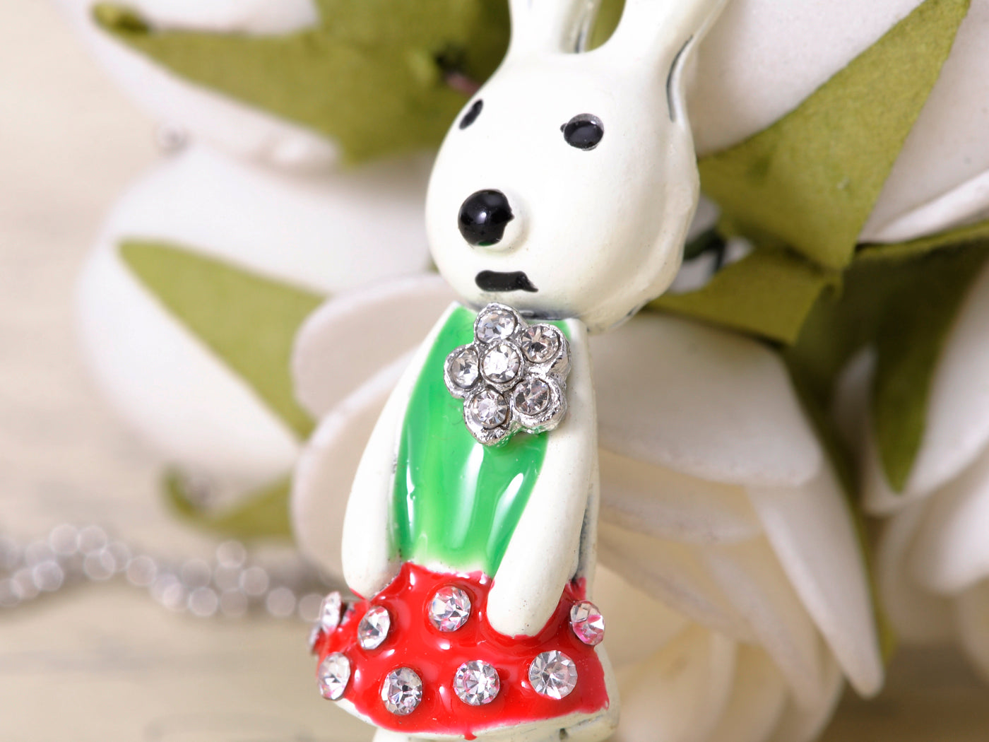 Emo Cartoon Girl Painted White Enamel Bunny Rabbit Dress Skirt Pendant Necklace