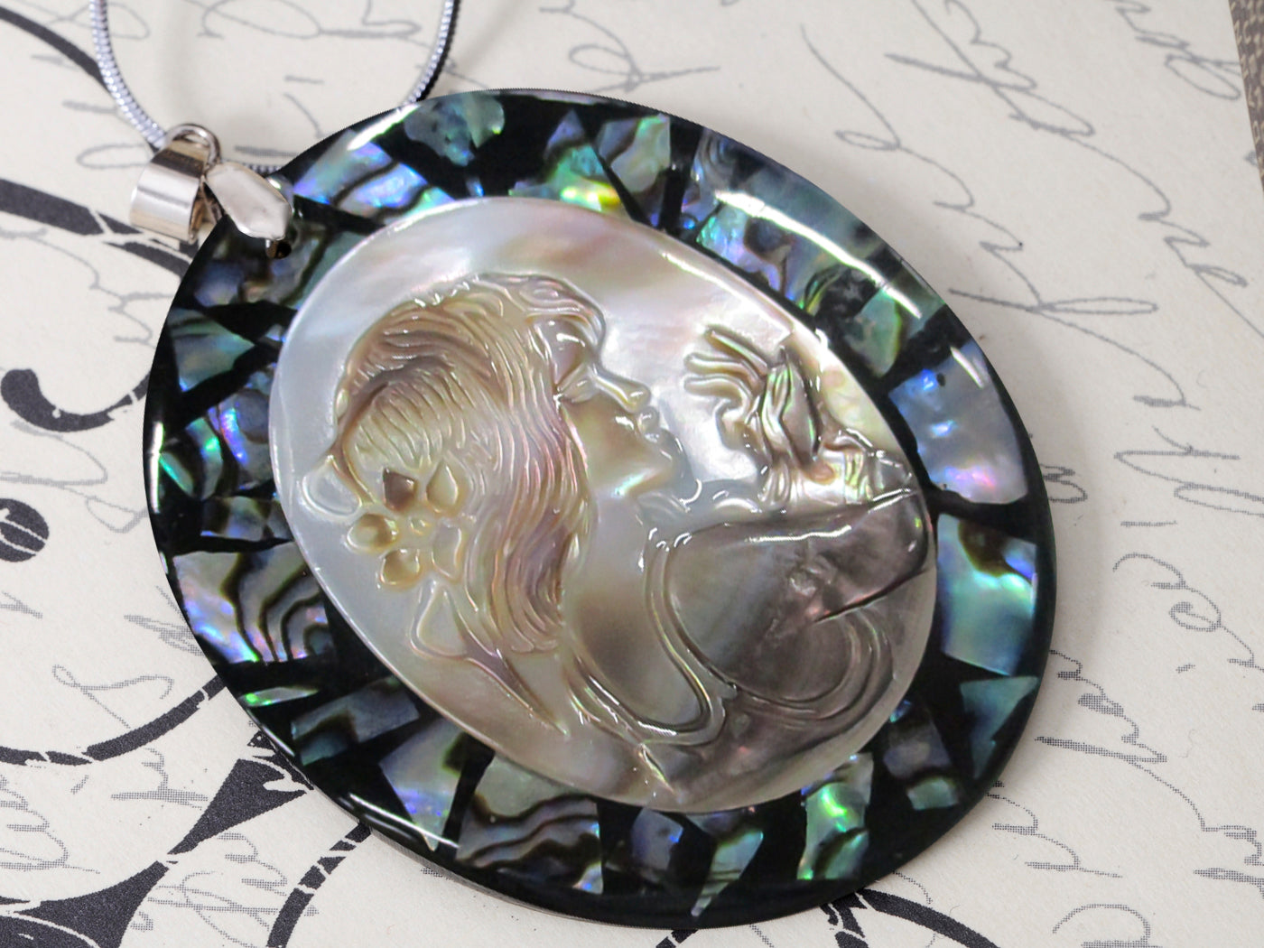 Rainbow Abalone Colored Shell Cameo Lady Princess Maiden Pendant Necklace