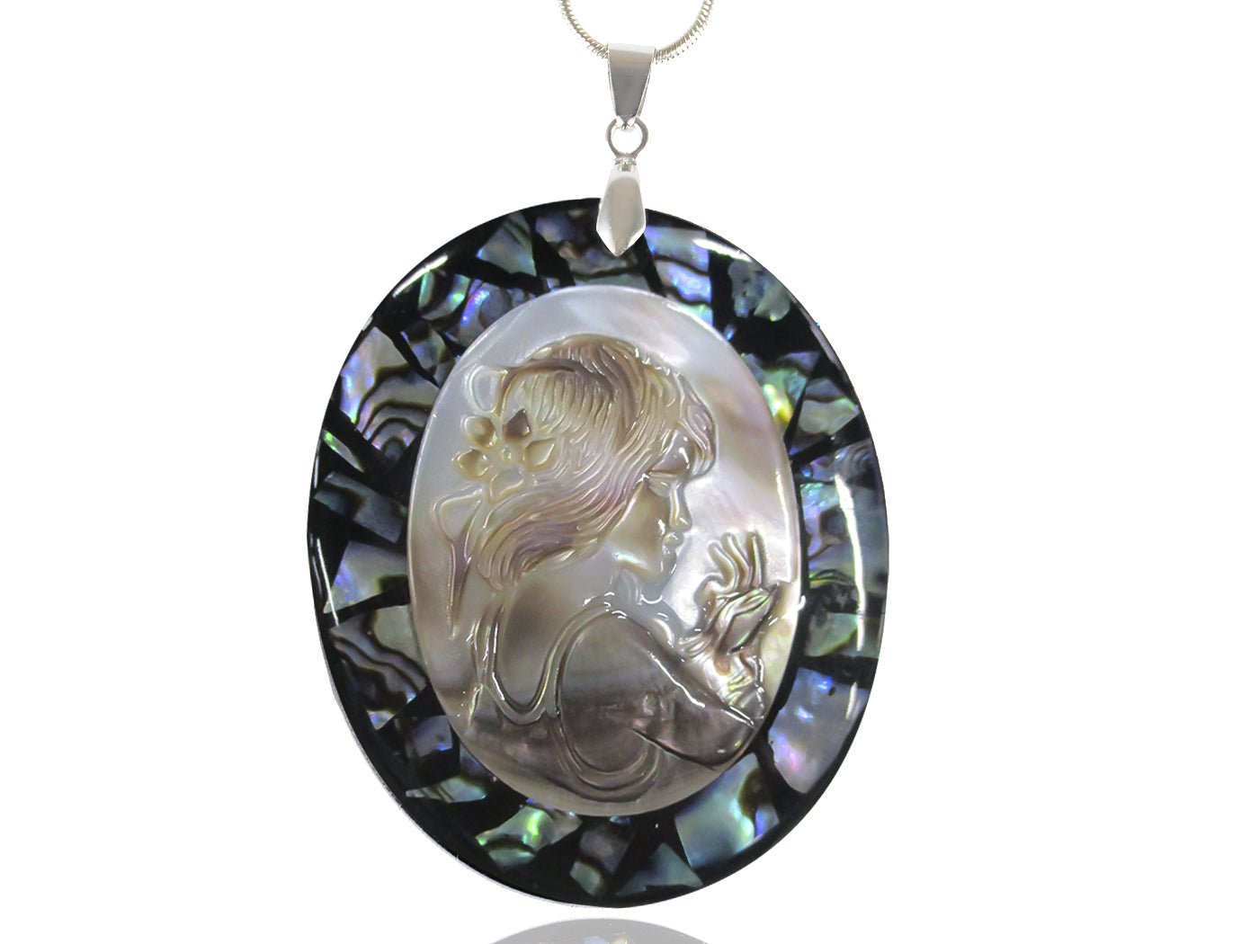 Rainbow Abalone Colored Shell Cameo Lady Princess Maiden Pendant Necklace
