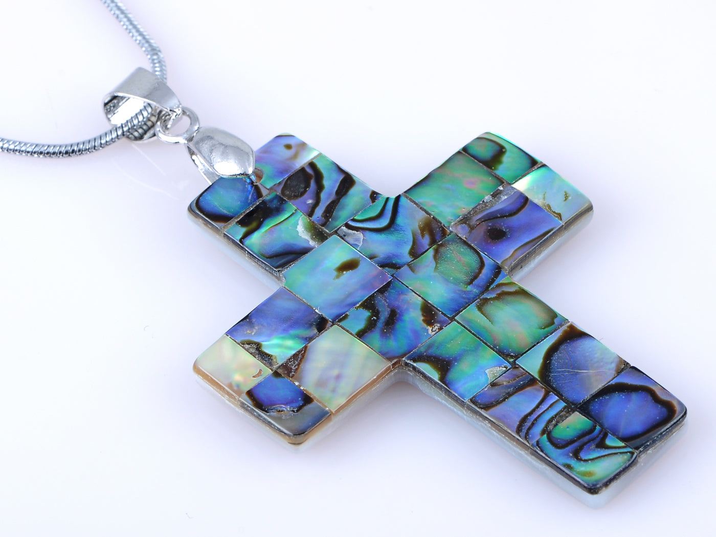 Natural Seashell Abalone Checker Holy Religious Cross Pendant Necklace