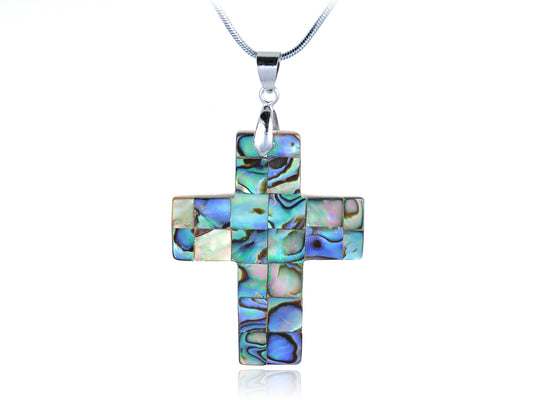 Natural Seashell Abalone Checker Holy Religious Cross Pendant Necklace