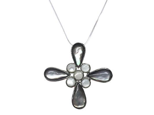 Cat Eye Flower Cut Out Petals Milky Center Cross Pendant Necklace