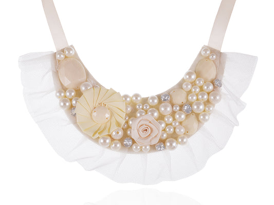 Ivory White Lolita Bridal Floral Pearl Beaded Fabric Ribbon Bib Necklace