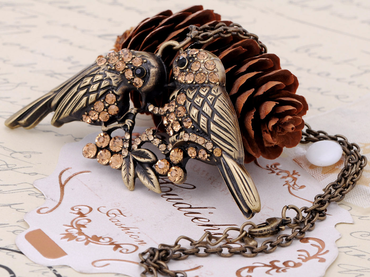 Brass Topaz Colored Twin Sparrow Lover Bird Pendant Necklace