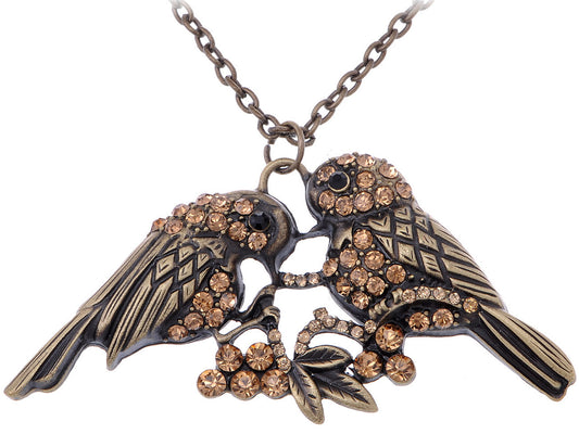 Brass Topaz Colored Twin Sparrow Lover Bird Pendant Necklace