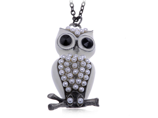 Pearls White Snow Owl Bird Pendant Necklace