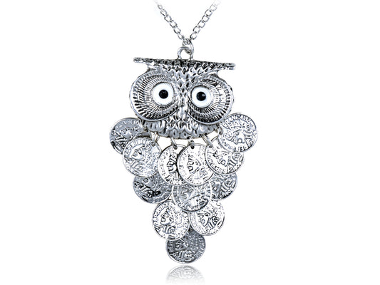 Dangle Silver Coin Owl Bird Gypsy Pendant Necklace