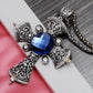 Antique Blue Gems Vintage Byzantine Cross Pendant Necklace