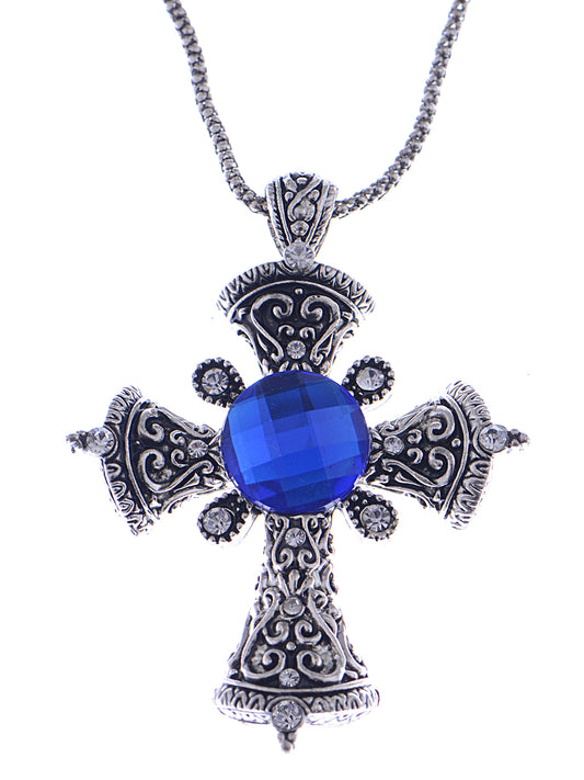 Antique Blue Gems Vintage Byzantine Cross Pendant Necklace