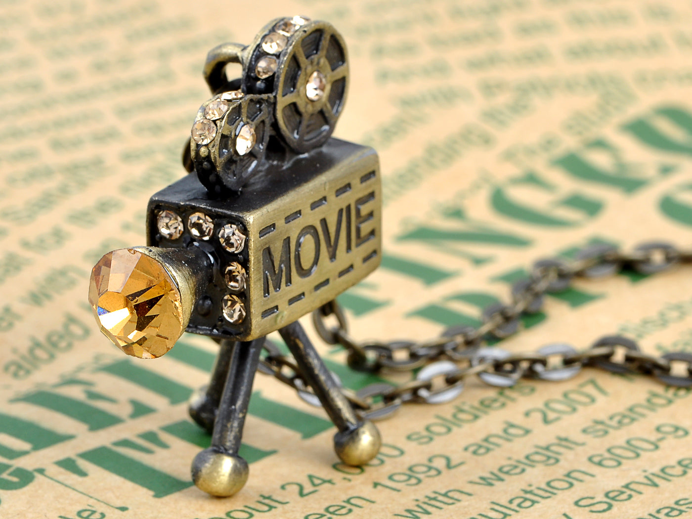 Brass Vintage Old School Movie Film Reel Projector Pendant Necklace