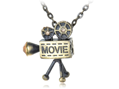 Brass Vintage Old School Movie Film Reel Projector Pendant Necklace
