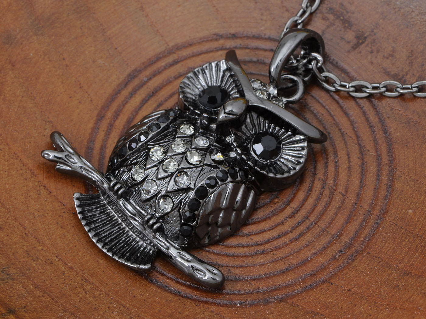 Calm Jet Black Night Owl Perched Branch Tree Pendant Necklace