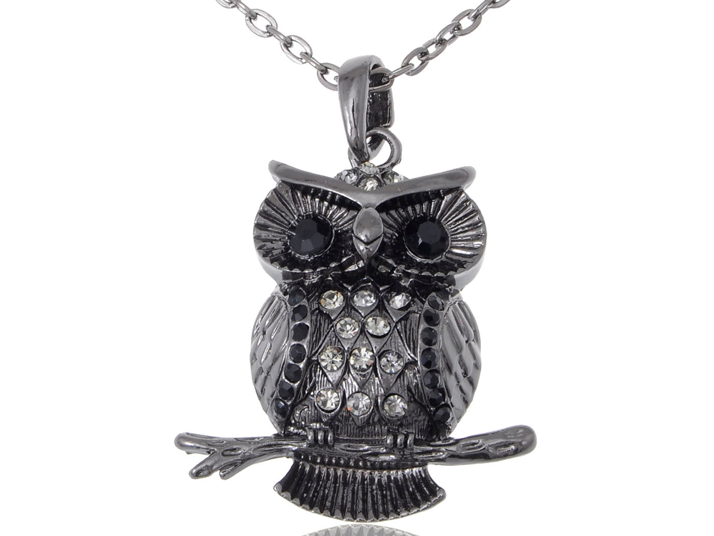 Calm Jet Black Night Owl Perched Branch Tree Pendant Necklace