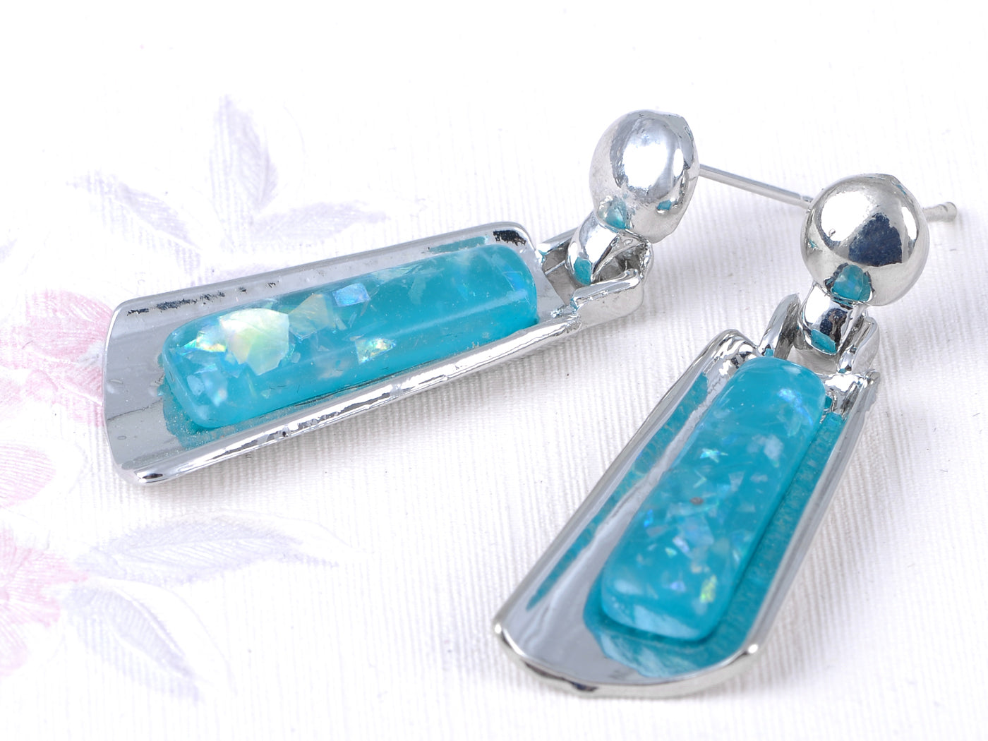 Geometric Blue Aqua Opal Abstract Shape Long Necklace Earring Set