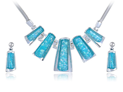 Geometric Blue Aqua Opal Abstract Shape Long Necklace Earring Set