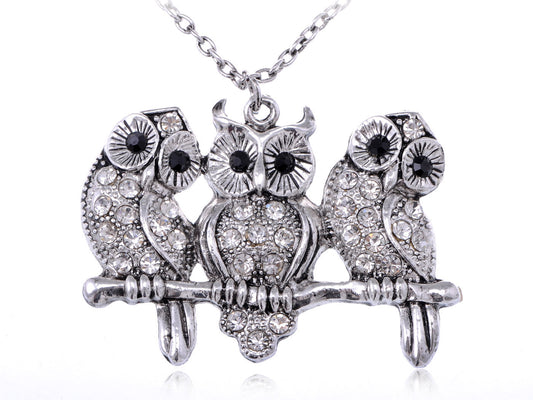 Silver Shine Owls Bird Branch Pendant Necklace