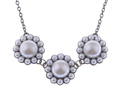 Pearly Bead Trio Group Flower Sun Collar Brass Color Necklace