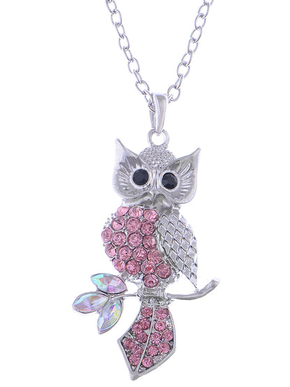Pink Leaf Owl Bird Pendant Necklace