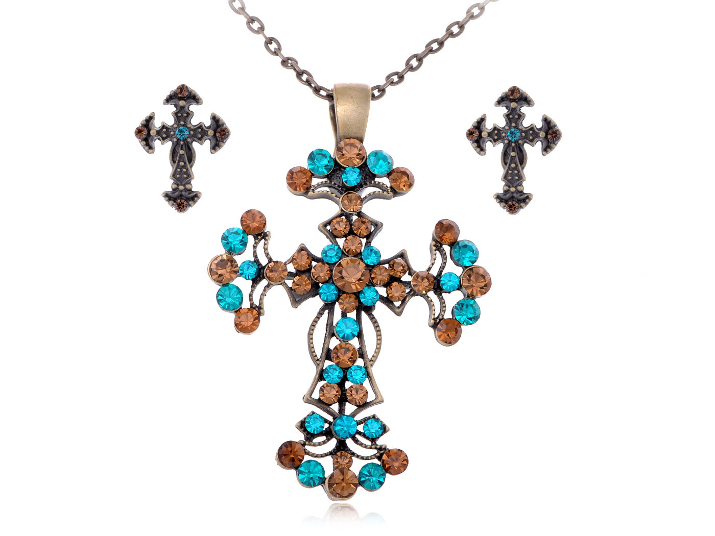 Aqua Blue Color Topaz Cross Holy Ritual Pendant Earring Set