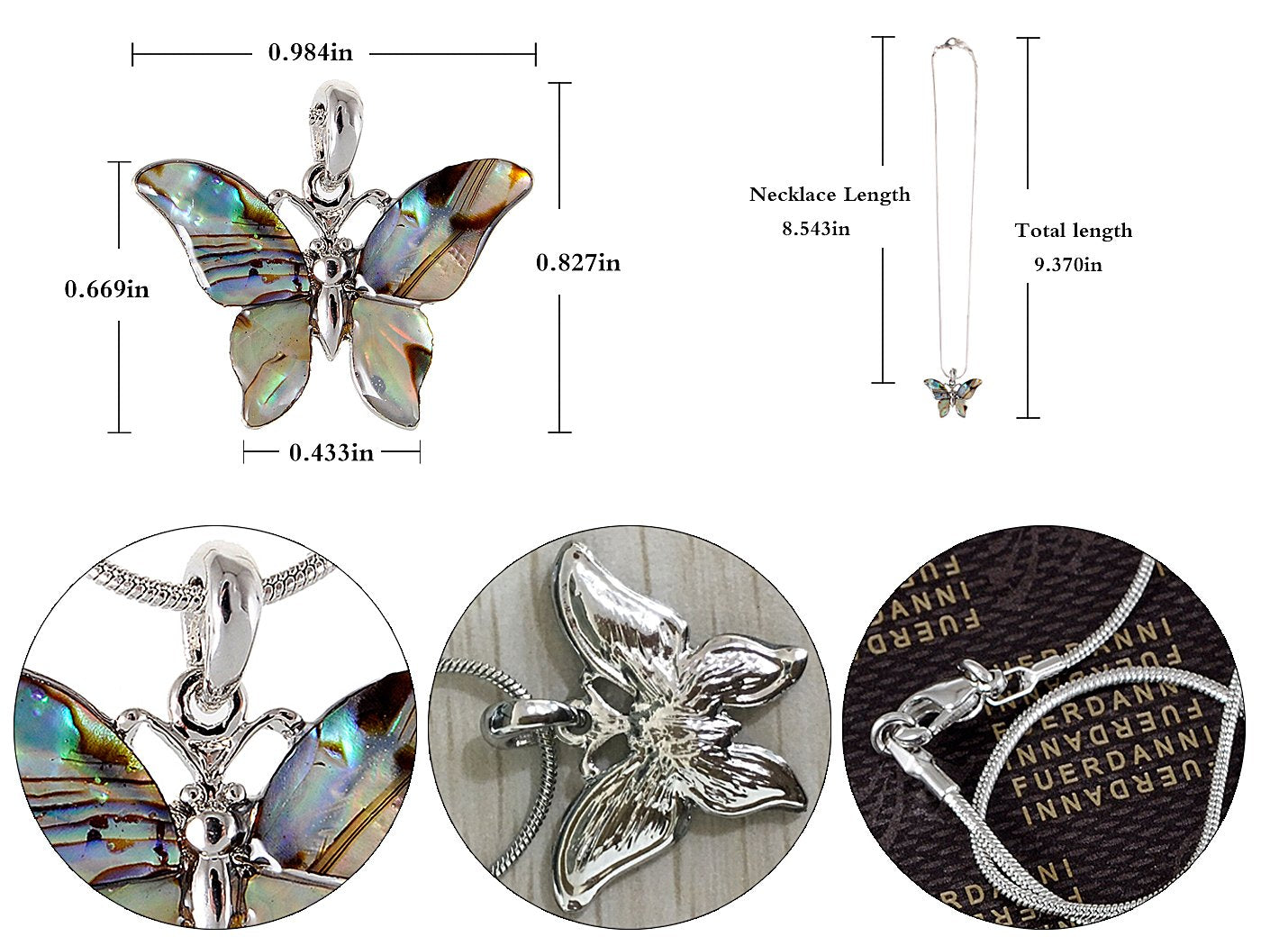 Silver Abalone Colored Butterfly Insect Wings Pendant Necklace