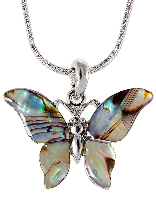 Silver Abalone Colored Butterfly Insect Wings Pendant Necklace