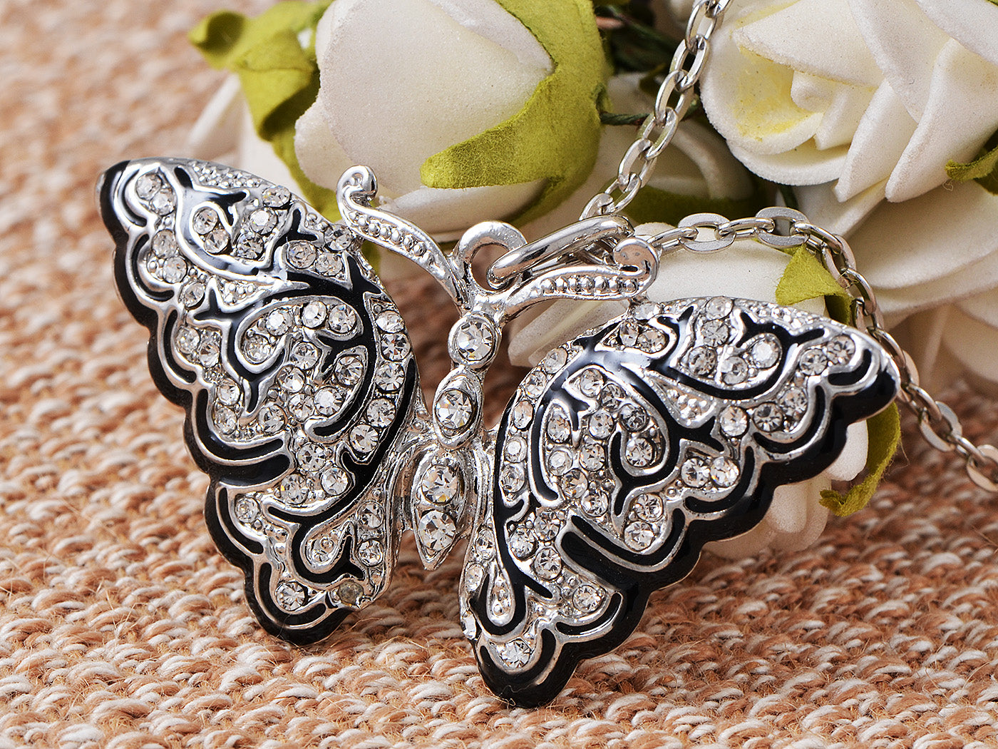 Immaculately Carved Silver D Black Enamel Art Deco Butterfly Necklace Pendant