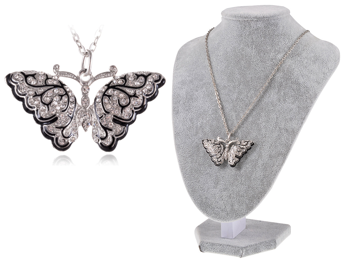 Immaculately Carved Silver D Black Enamel Art Deco Butterfly Necklace Pendant
