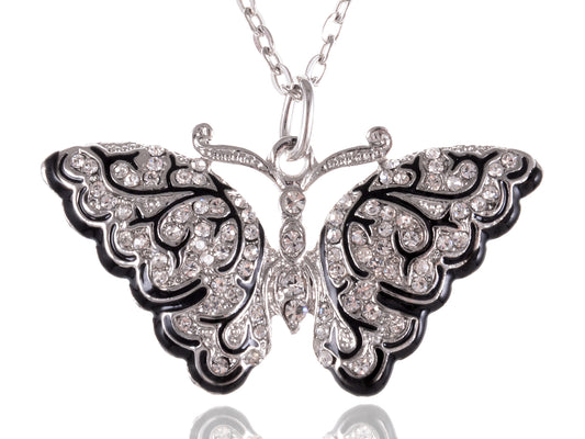 Immaculately Carved Silver D Black Enamel Art Deco Butterfly Necklace Pendant