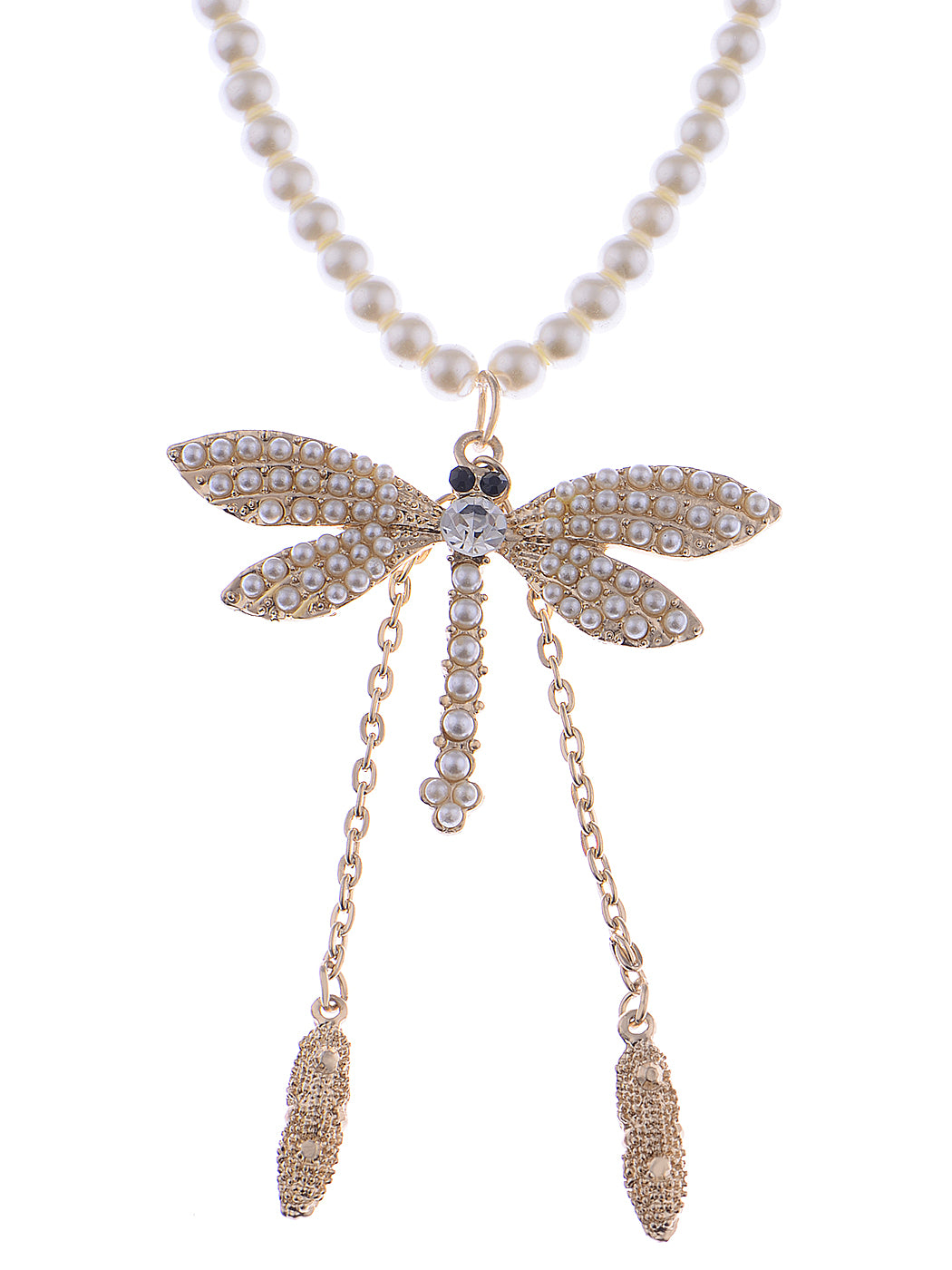 Dragonfly Pendant Necklace Pearl Bead Strand Flying Dangle Pods