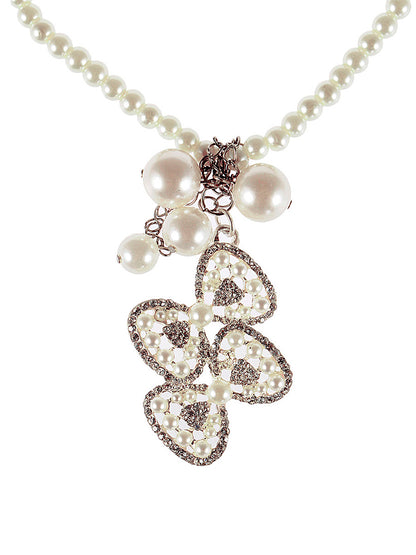 Pearl Bead Strand Double Couple Ribbon Bow Drop Pendant Necklace