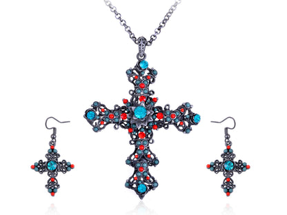Vintage Gothic Flourish Flower Bead Cross Necklace Earring Set