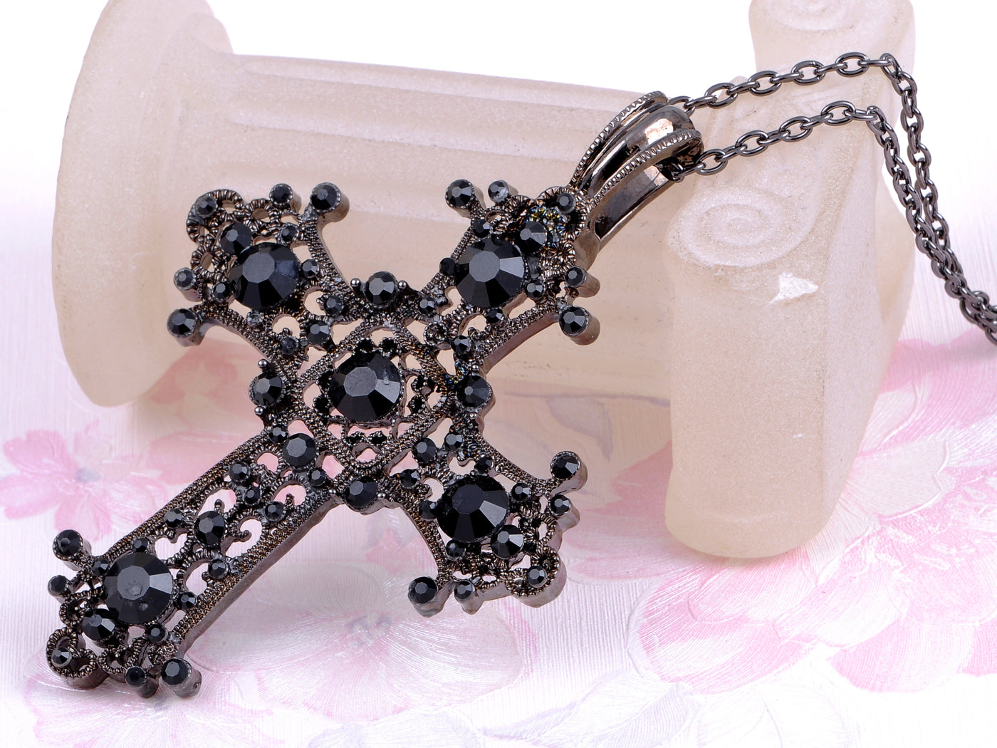 Black Detail Flower Flourish Carved Cross Pendant Necklace