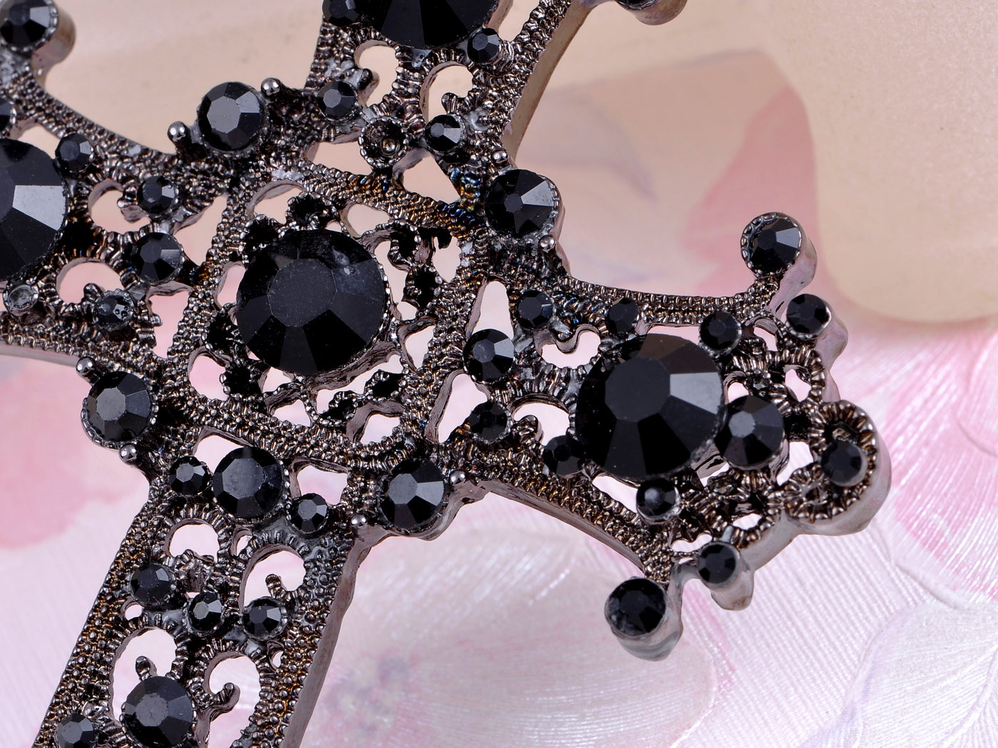 Black Detail Flower Flourish Carved Cross Pendant Necklace