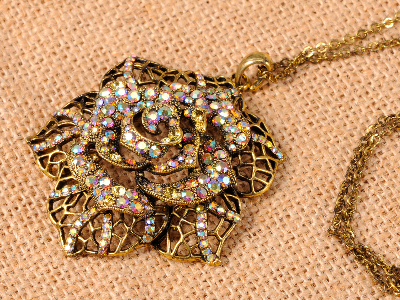 Vintage Lacy Filigree Ab Rose Flower Pendant Necklace