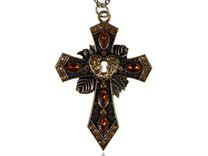 Gun Light Topaz Colored Antique Cross Pendant Necklace