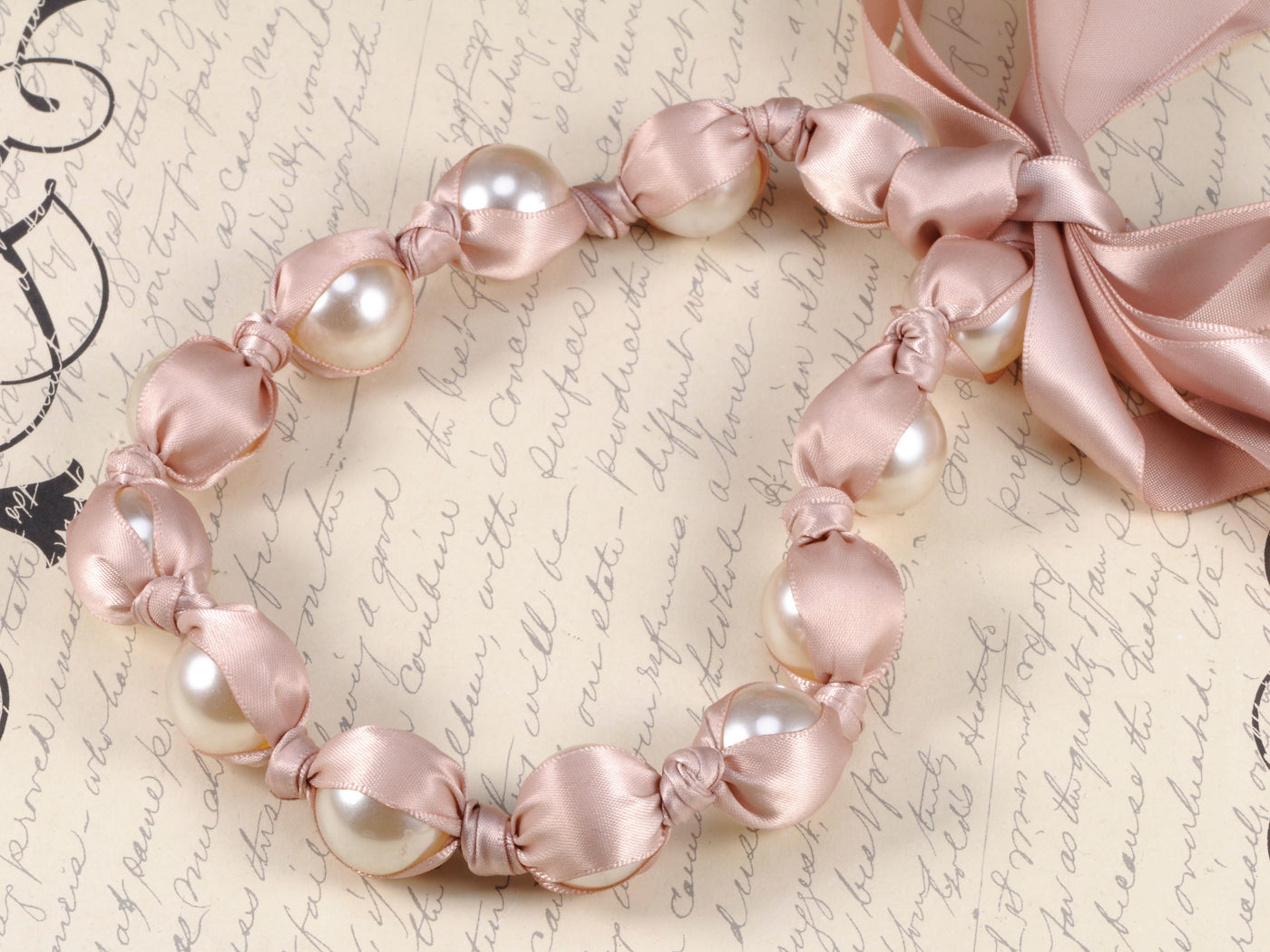 Light Pink White Pearl Bead Ribbon Laced Jewelry Necklace