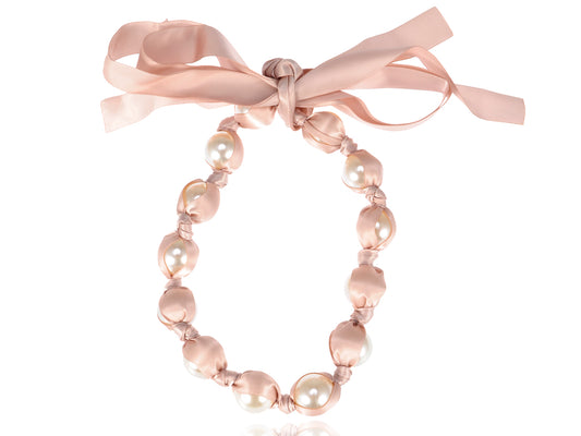 Light Pink White Pearl Bead Ribbon Laced Jewelry Necklace