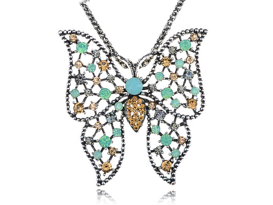 Antique Pastel Multicolored Butterfly Pendant Necklace