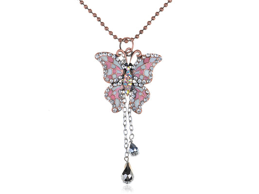 Painted Enamel Pink Butterfly Pendant Necklace