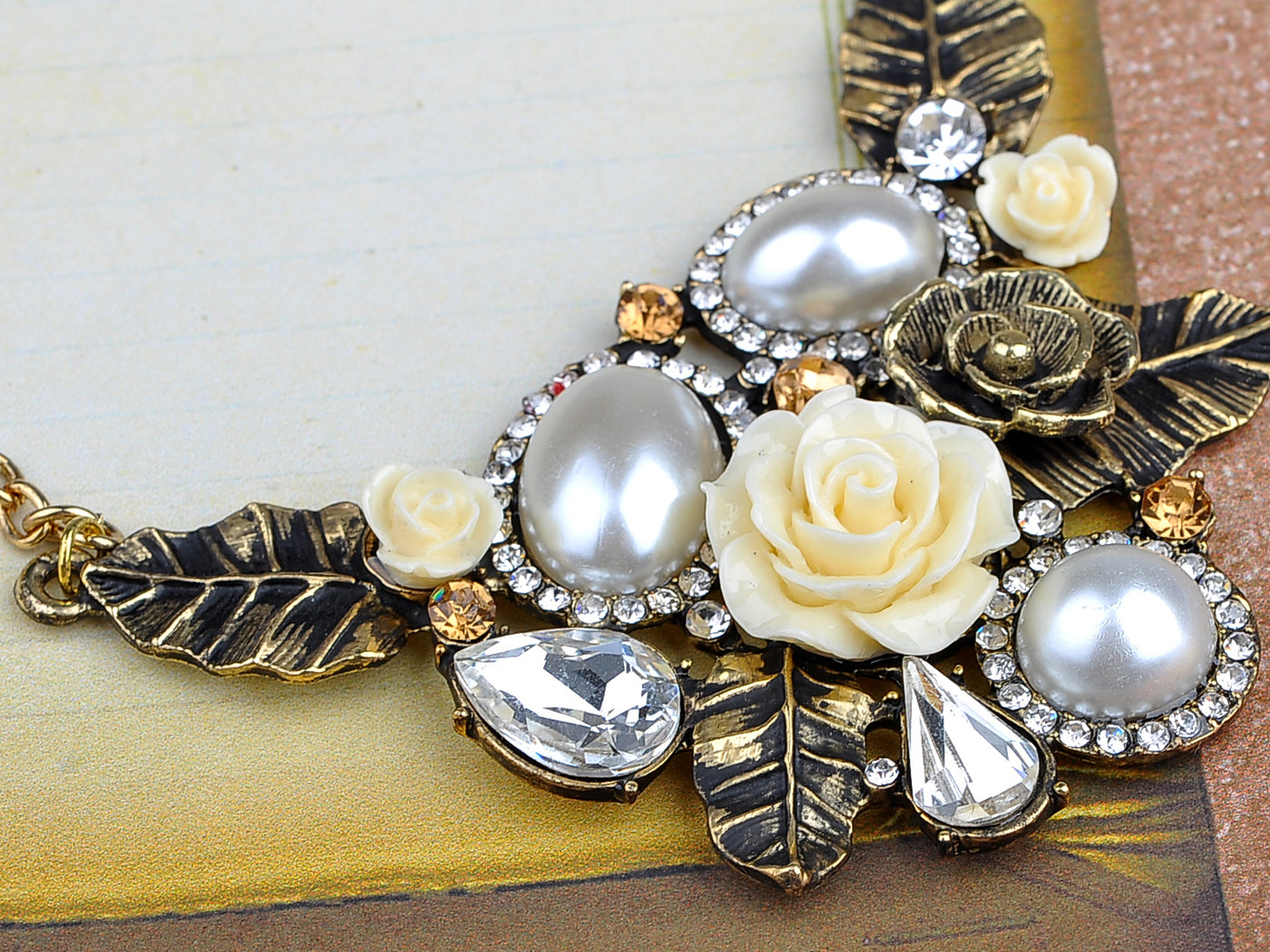 Antique Pearl Floral Flower Cream Rose Bib Necklace