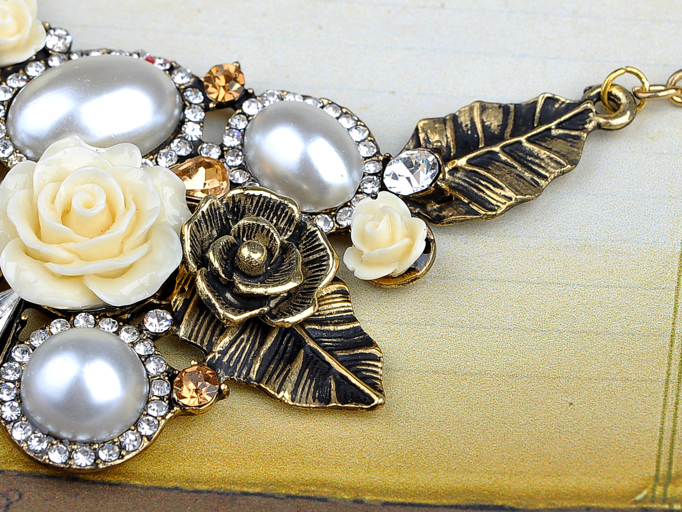 Antique Pearl Floral Flower Cream Rose Bib Necklace