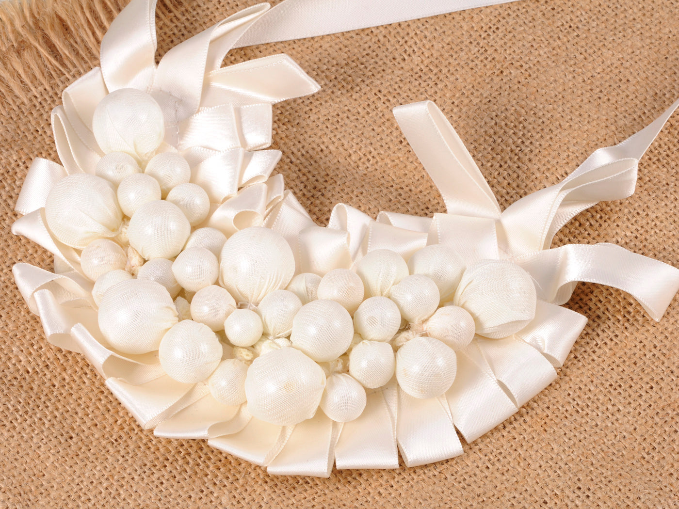 Gorgeous Festive Fancy Clustered Ivory Pearl Ribbon Bib Necklace