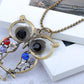 Brass Colorful Big Eyed Perched Owl Pendant Necklace