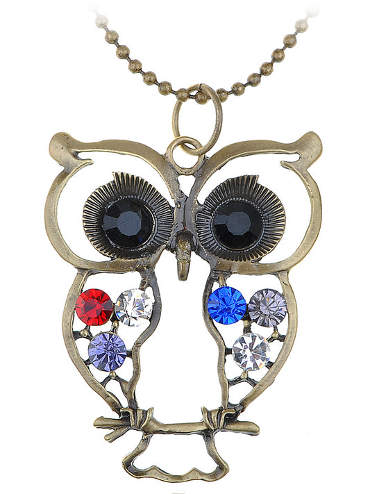 Brass Colorful Big Eyed Perched Owl Pendant Necklace