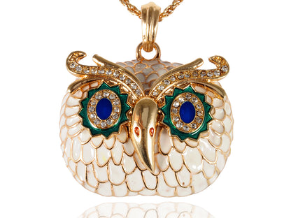 Rhine Enamel Painted Owl Head Pendant Necklace