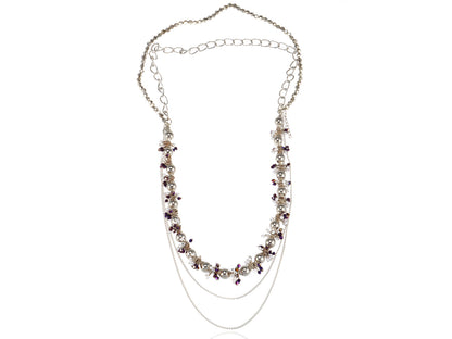Silver Purple Pearl Beaded Chain Multilayer Party Choker Necklace